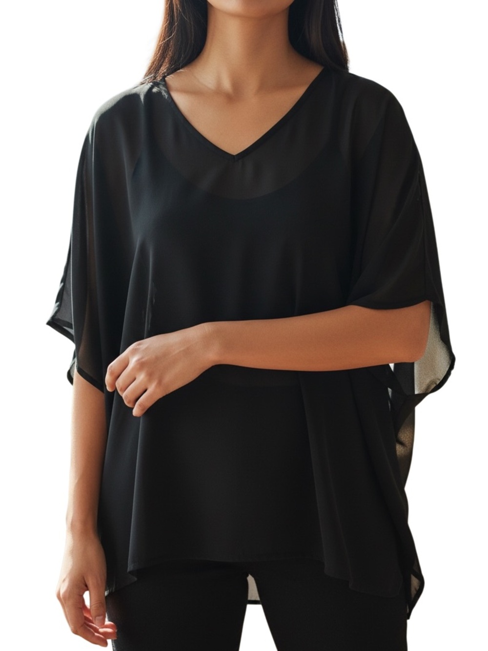 Black Sheer V-Neck Poncho Top